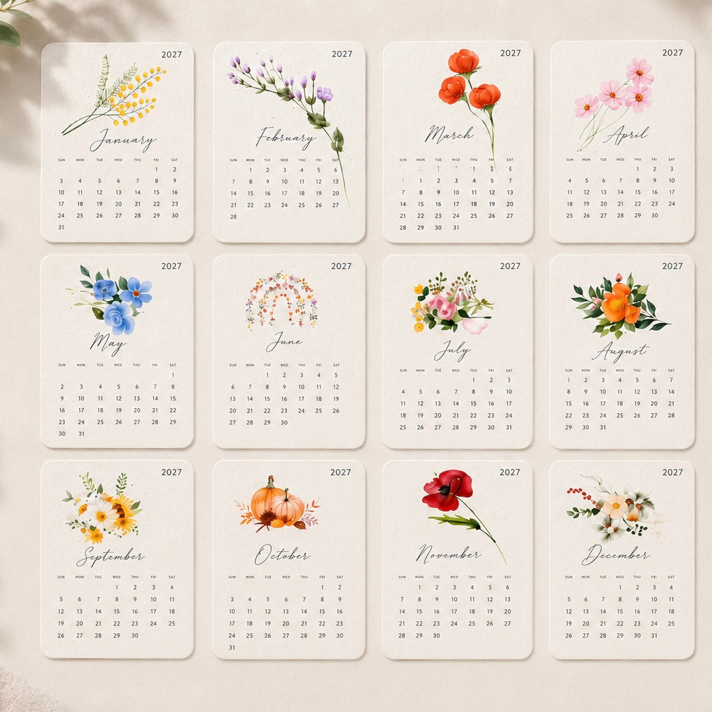 Complete set of 2027 plantable calendar month cards made from seed paper