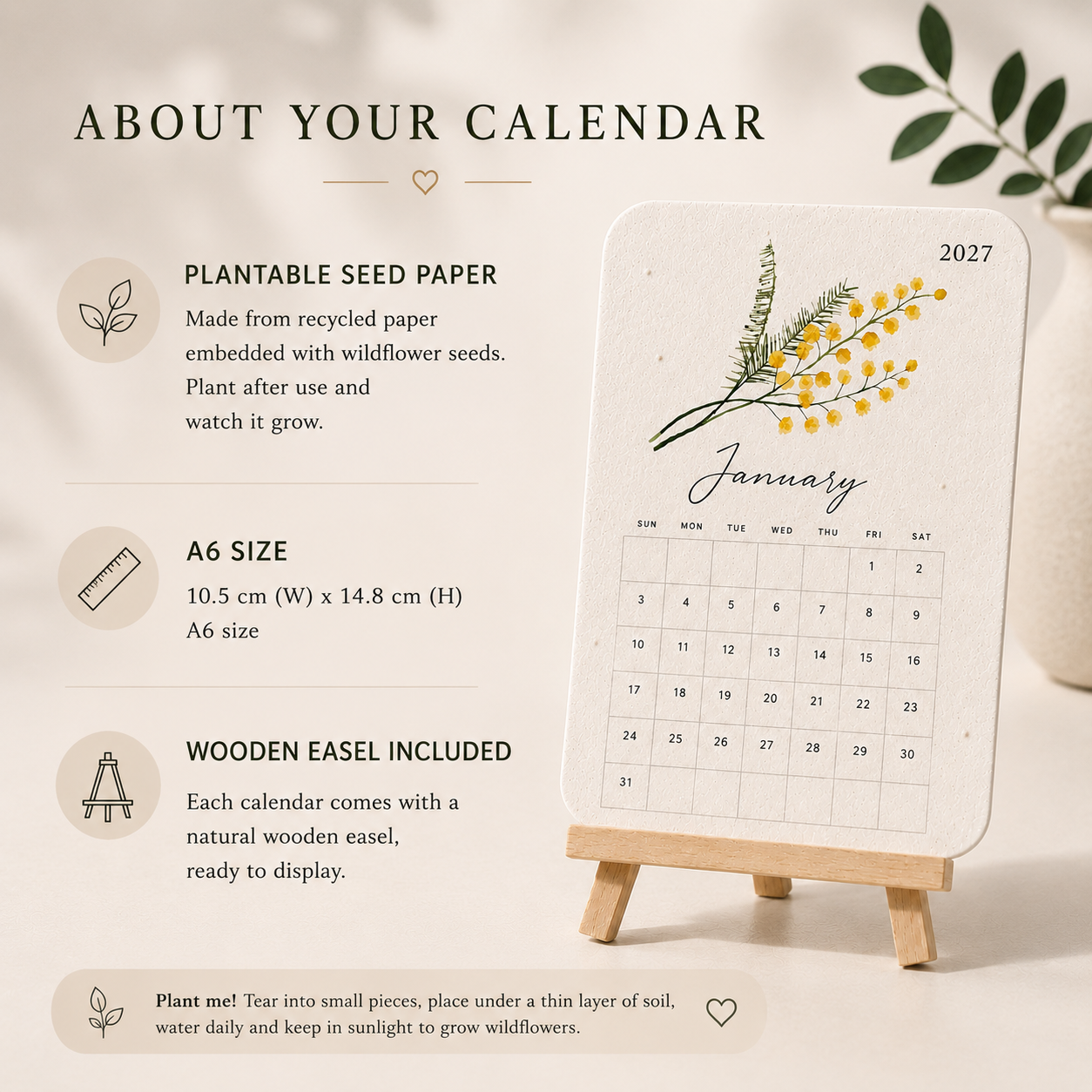 A6 plantable seed paper calendar with included wooden stand size details