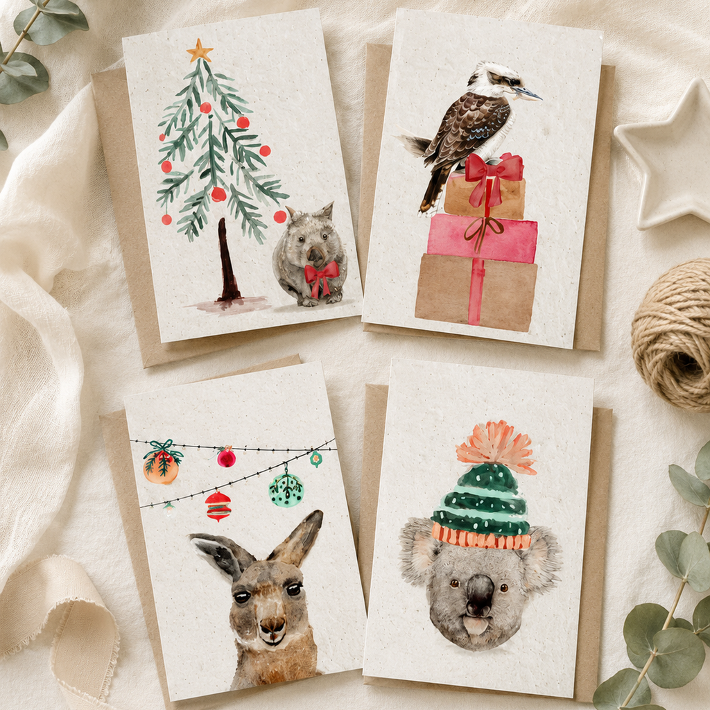 Plantable Christmas cards made from recycled wildflower seed paper with eco friendly holiday designs