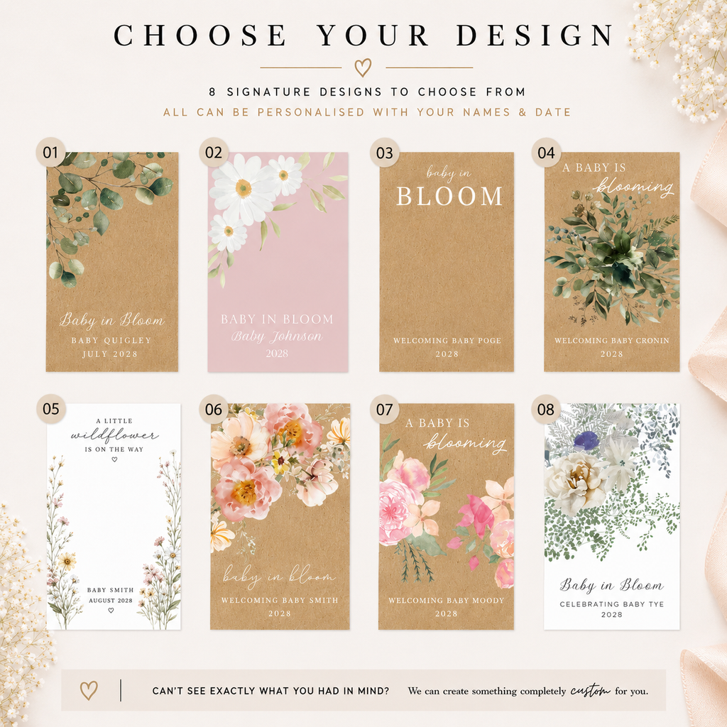 Personalised baby shower favour card design options with plantable seed paper hearts for eco-friendly celebrations.