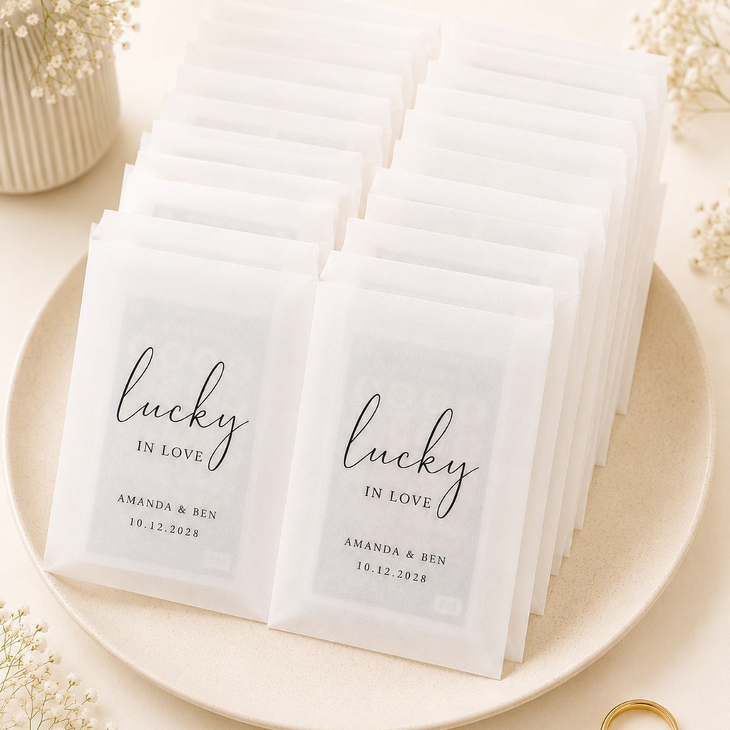 Personalised Lottery Ticket Favours | Glassine Wedding Envelopes