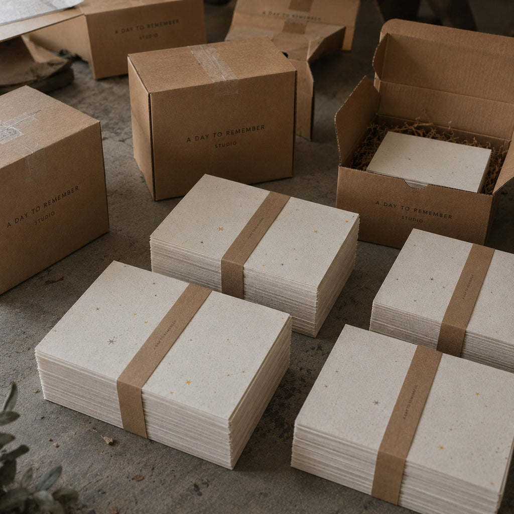 Bulk plantable seed paper sheets for sustainable business packaging and corporate stationery