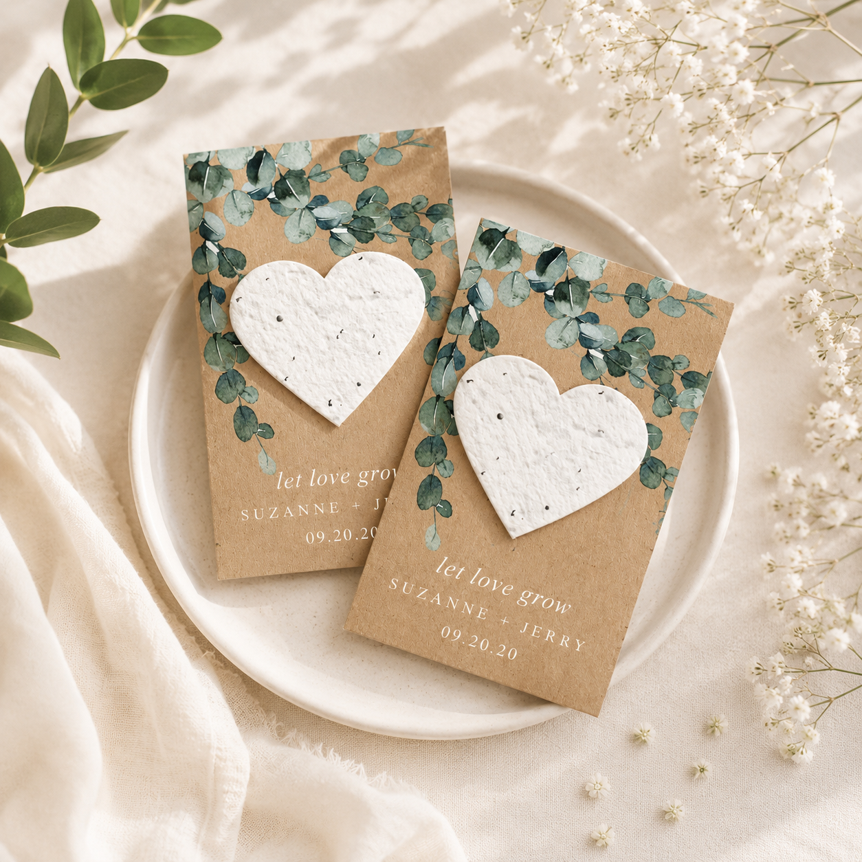 Personalised plantable wedding favour made from wildflower seed paper heart