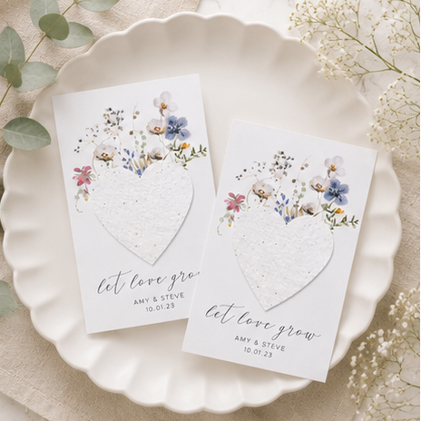 Personalised plantable seed paper heart wedding favour with wildflower seeds and custom thank you card