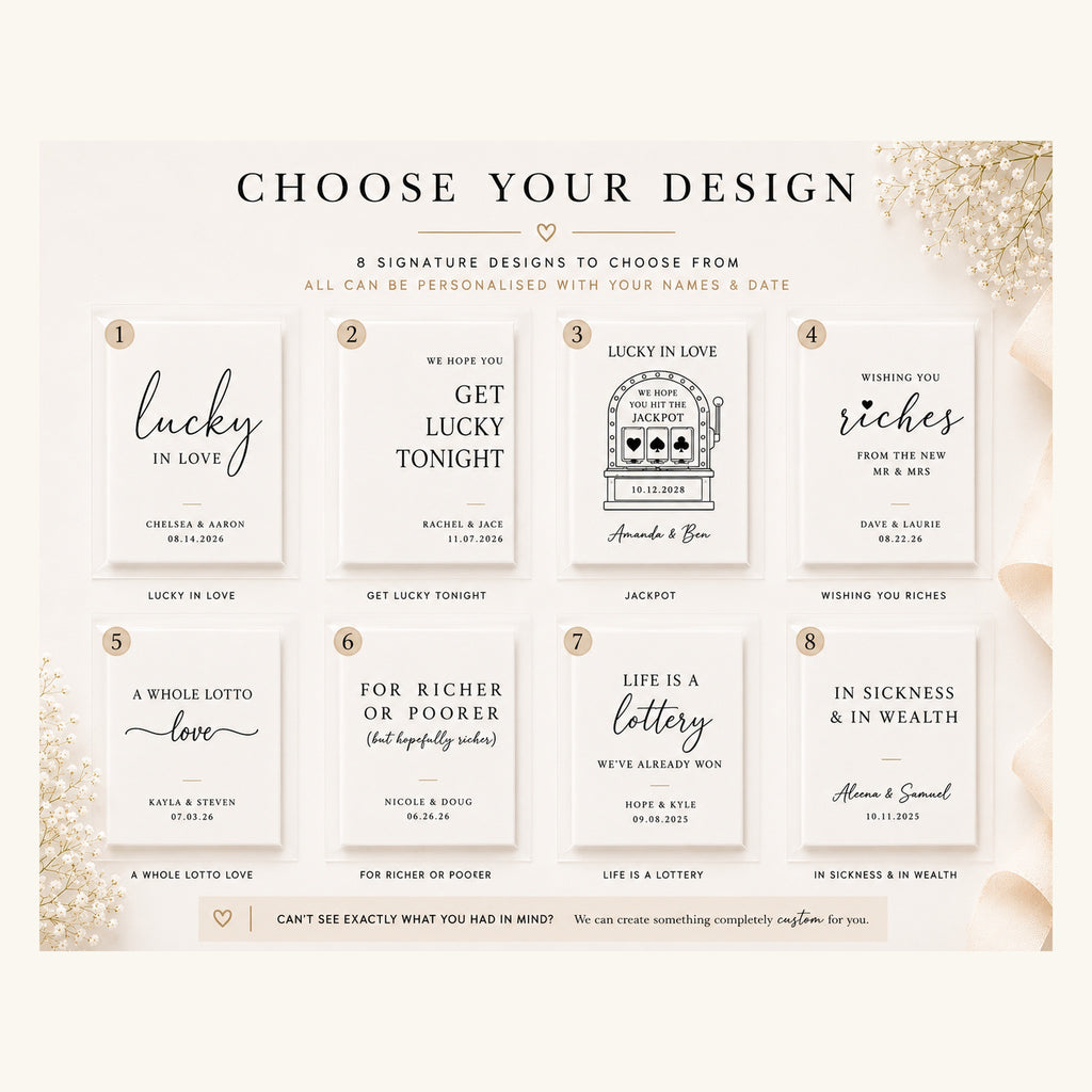 Wedding lottery ticket favour design options