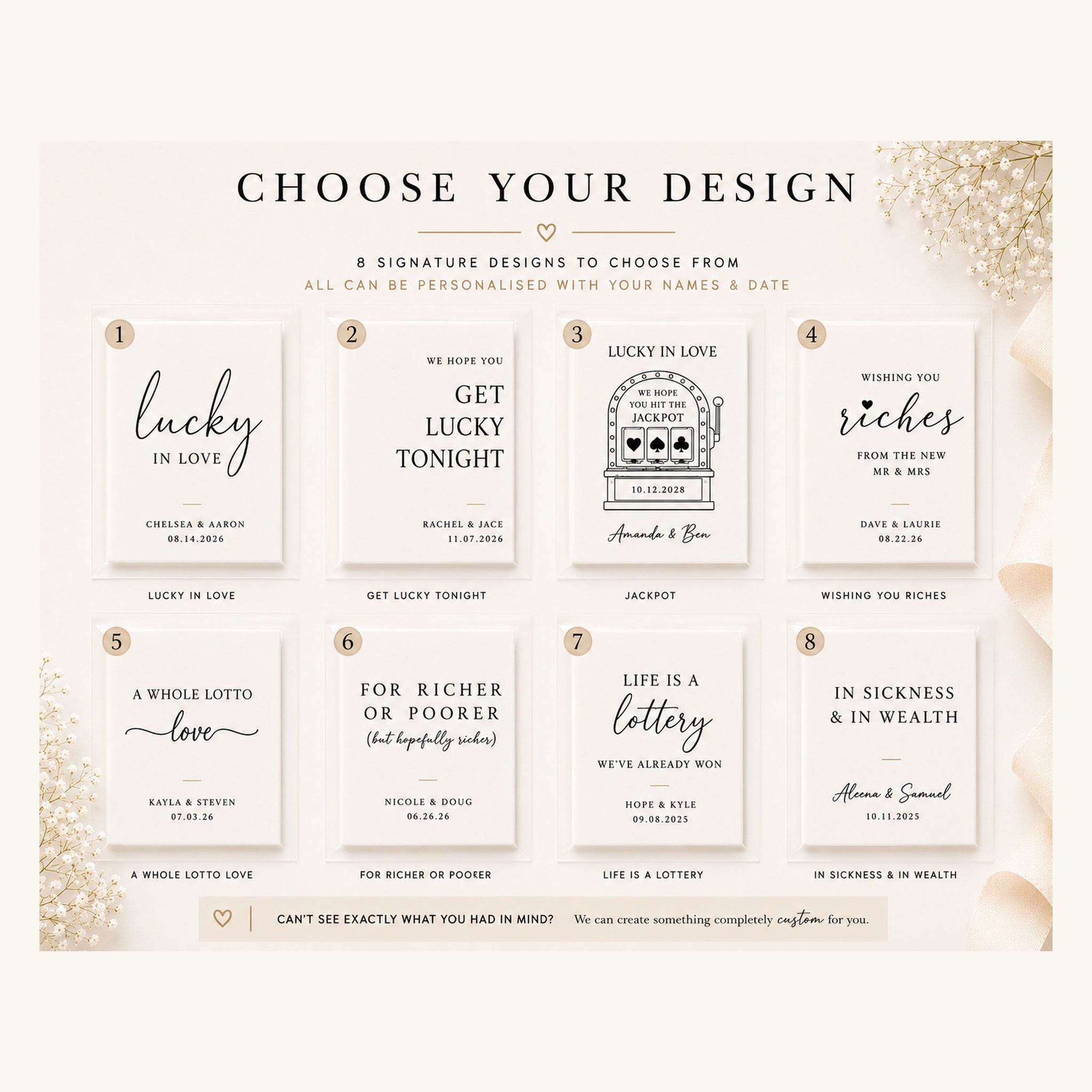 Wedding lottery ticket favour design options