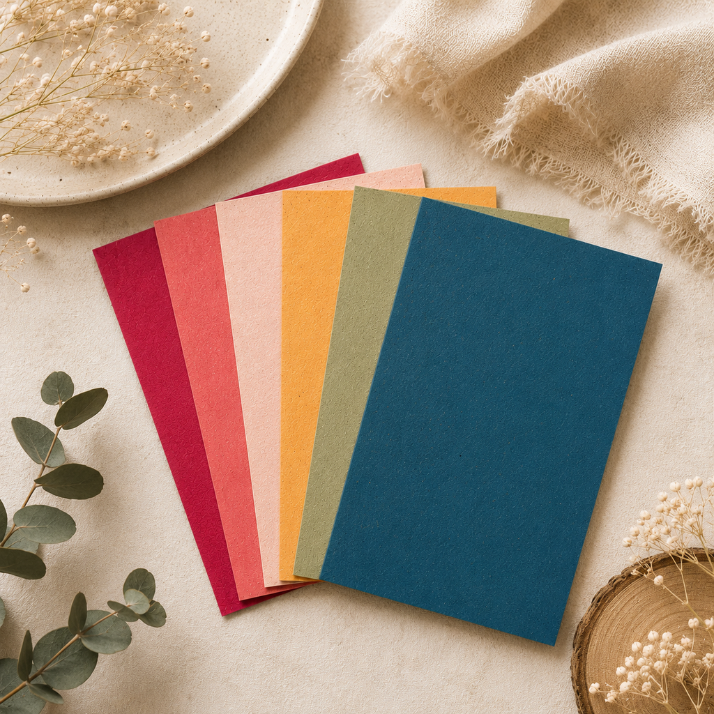Multi-colour plantable seed paper sheets handmade with wildflower seeds, available in a range of colours for cards, crafts, invitations and sustainable stationery projects.