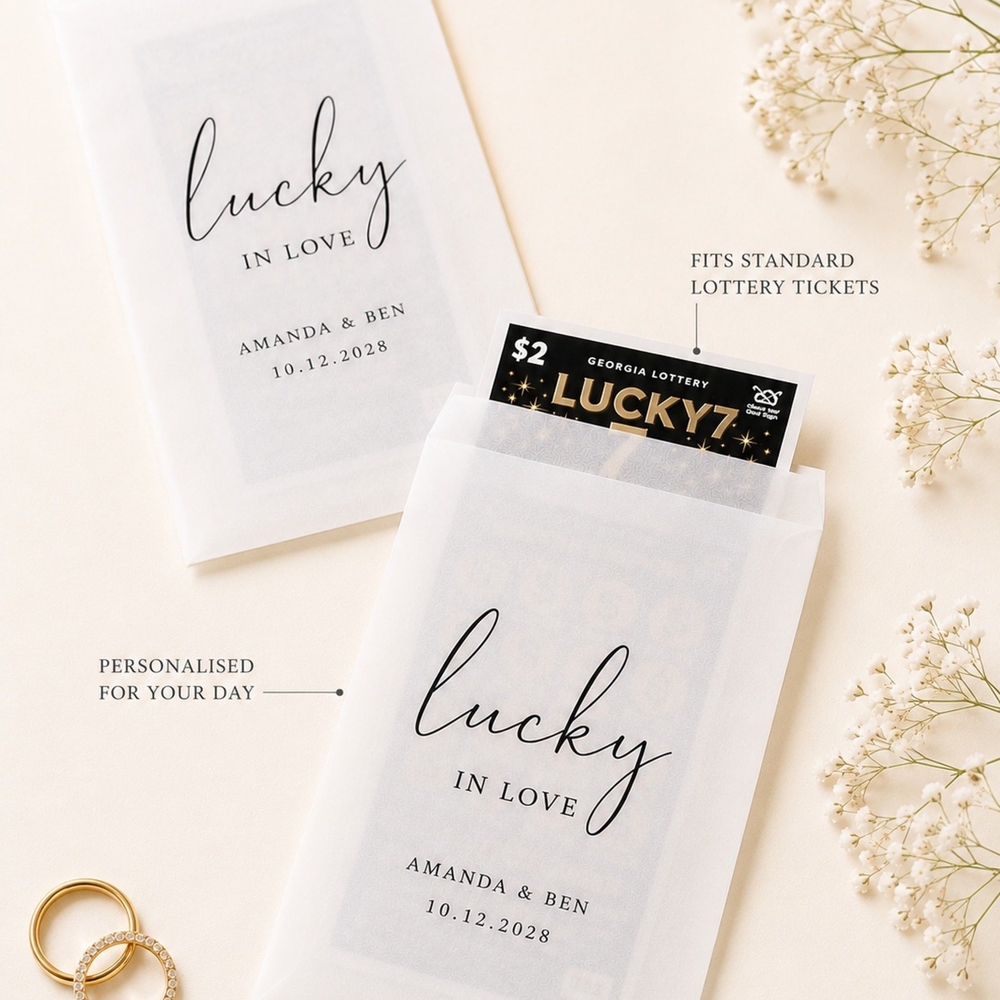 Personalised Lottery Ticket Favours | Glassine Wedding Envelopes