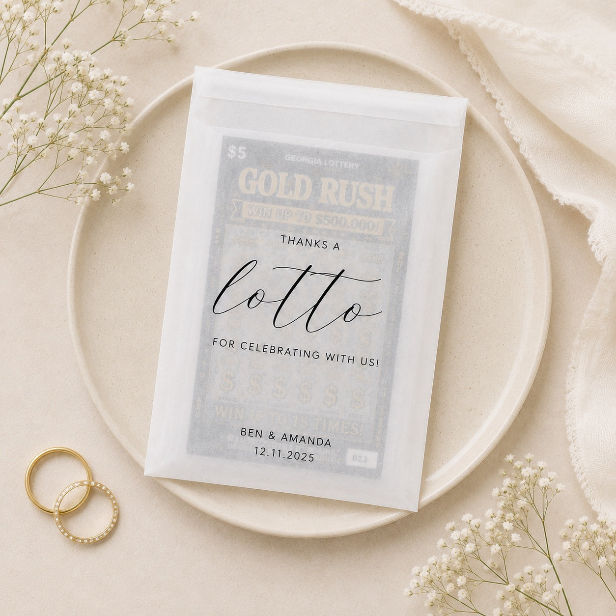 Personalised lottery ticket wedding favour glassine envelopes