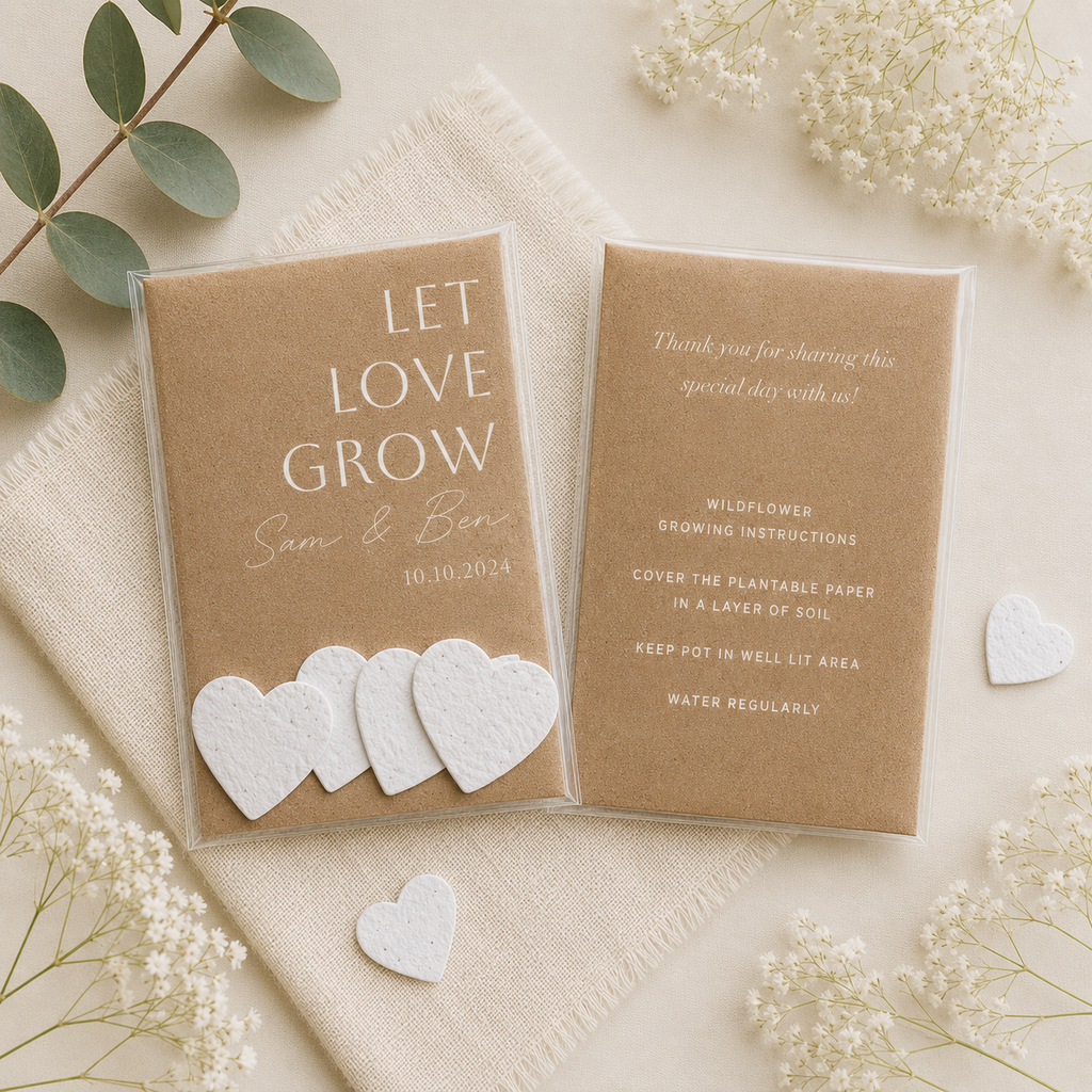 Personalised plantable wedding favour with seed paper hearts, custom message card and planting instructions