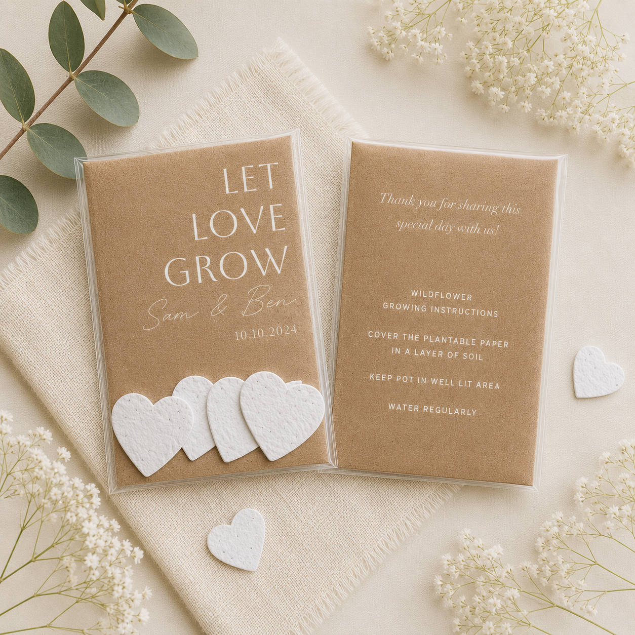Personalised plantable wedding favour with seed paper hearts, custom message card and planting instructions