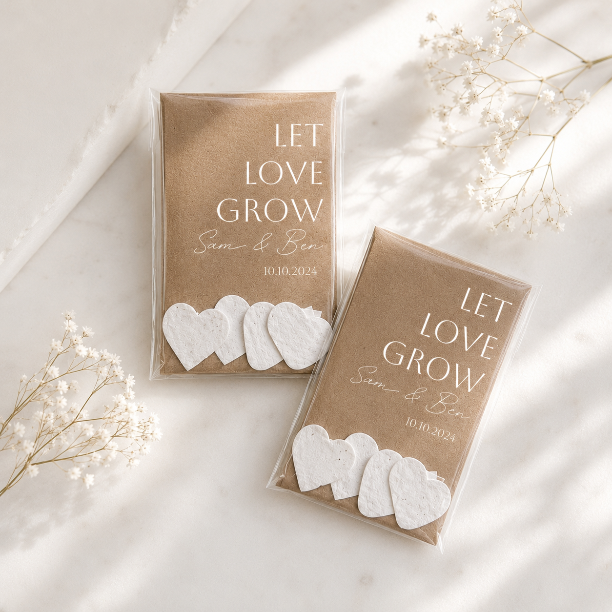 Personalised plantable seed paper heart wedding favour with custom card, wildflower seeds and clear cellophane packaging