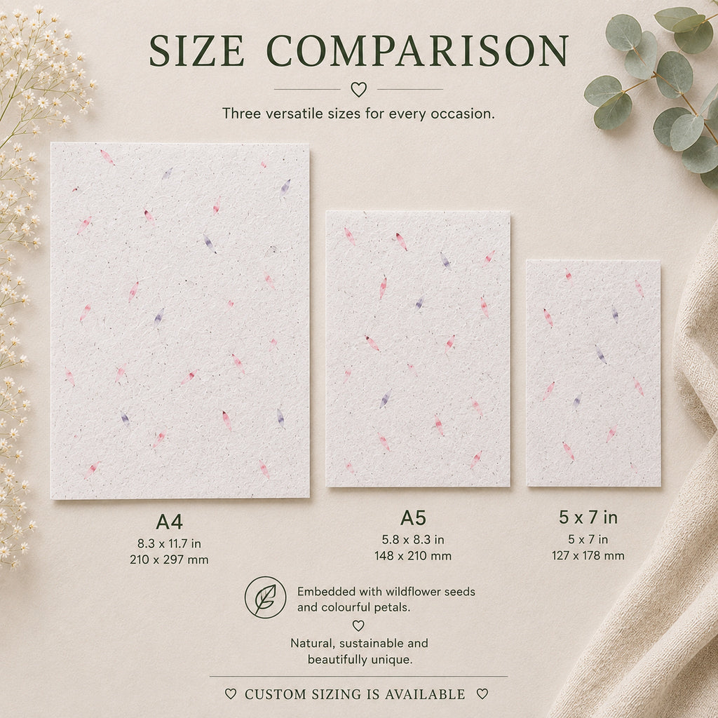 Pink petal seed paper sheets available in A4 A5 and 5x7 inch sizes for stationery and events