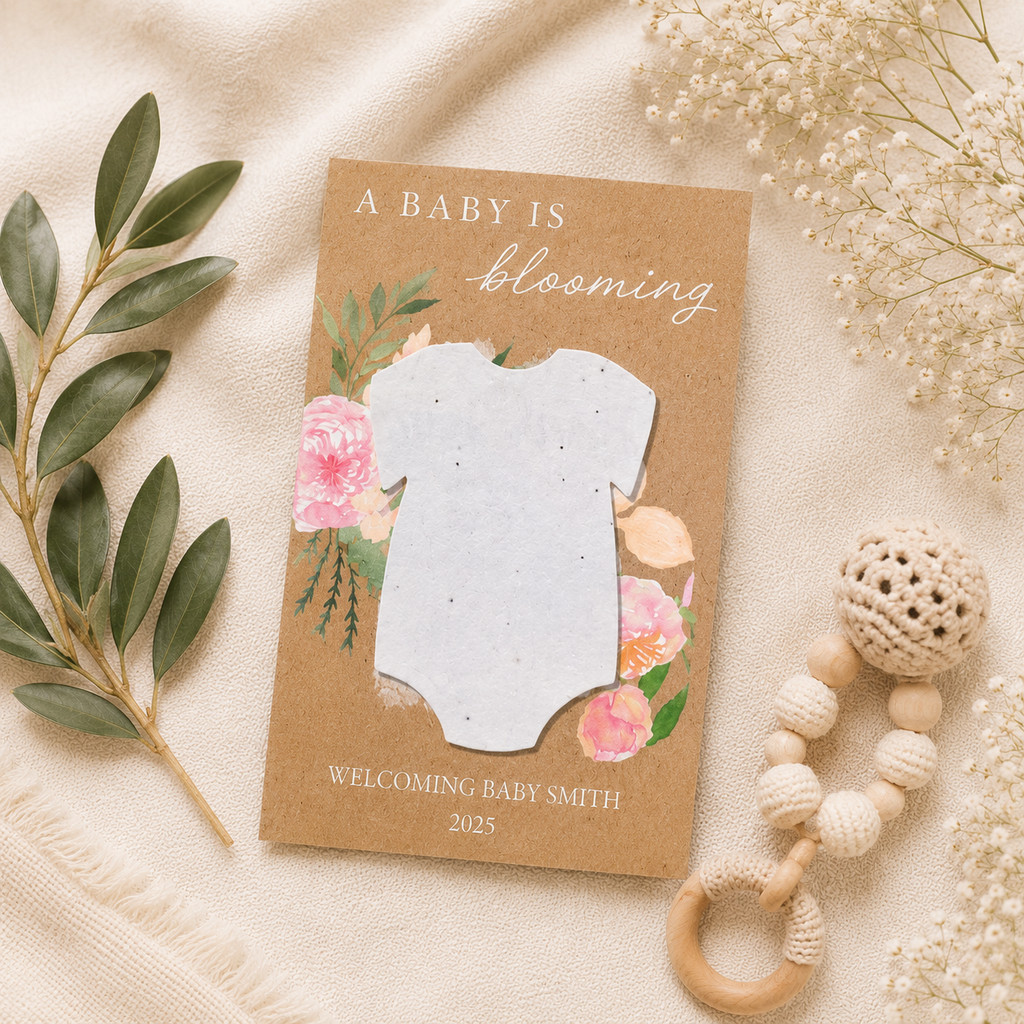 Wildflower seed paper baby shower favour with personalised card and plantable keepsake for guests to grow after the celebration.