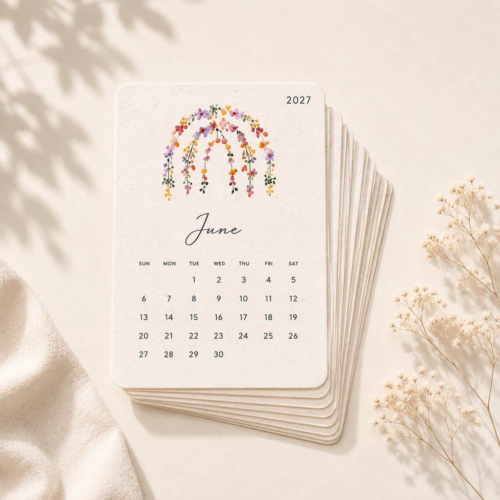 A6 monthly calendar cards printed on plantable wildflower seed paper
