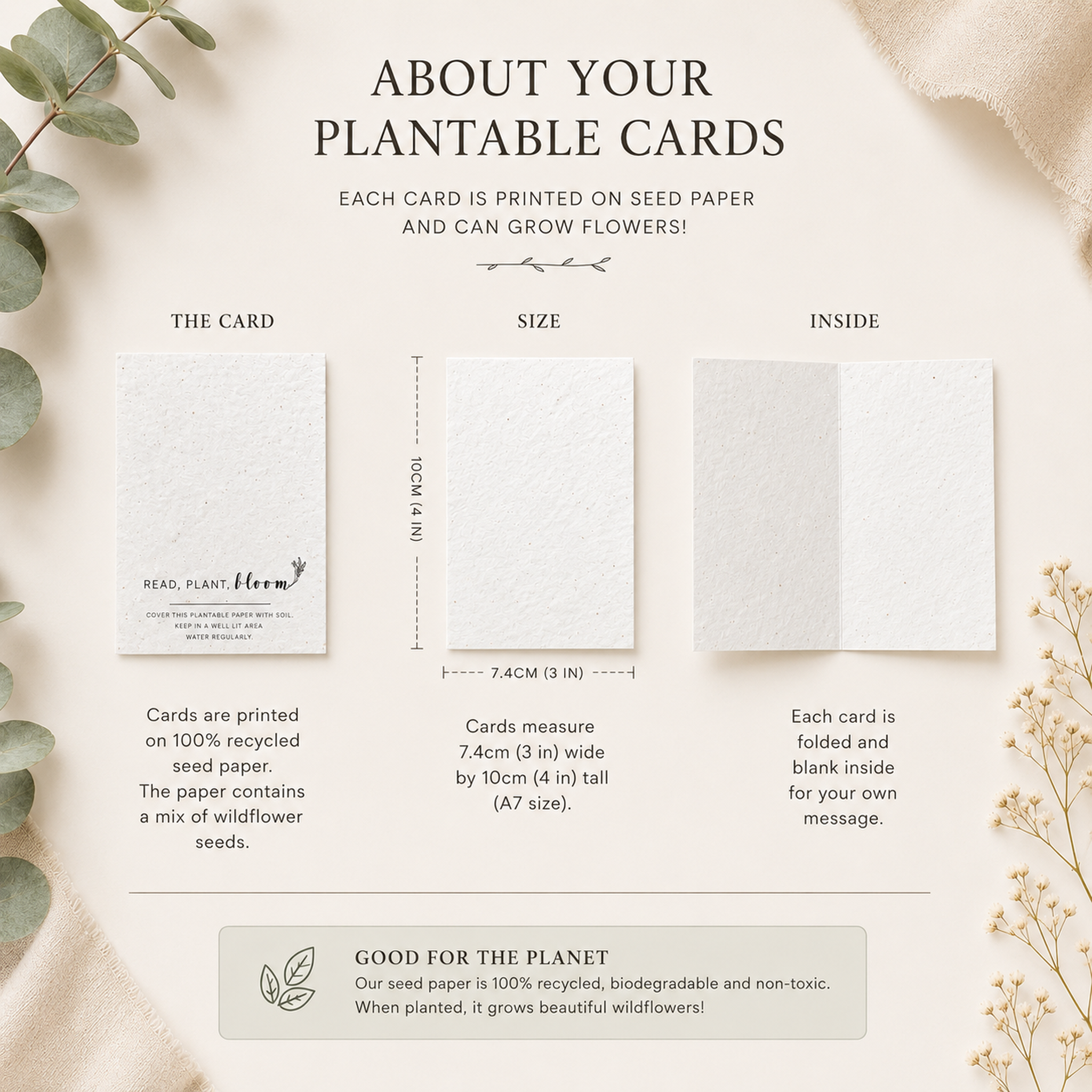Plantable seed paper Christmas card size details with blank inside for personal messages
