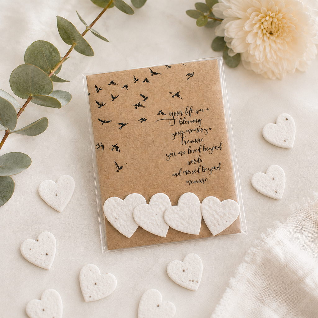 Celebration of life favours with personalised remembrance card and wildflower hearts for celebration of life keepsakes