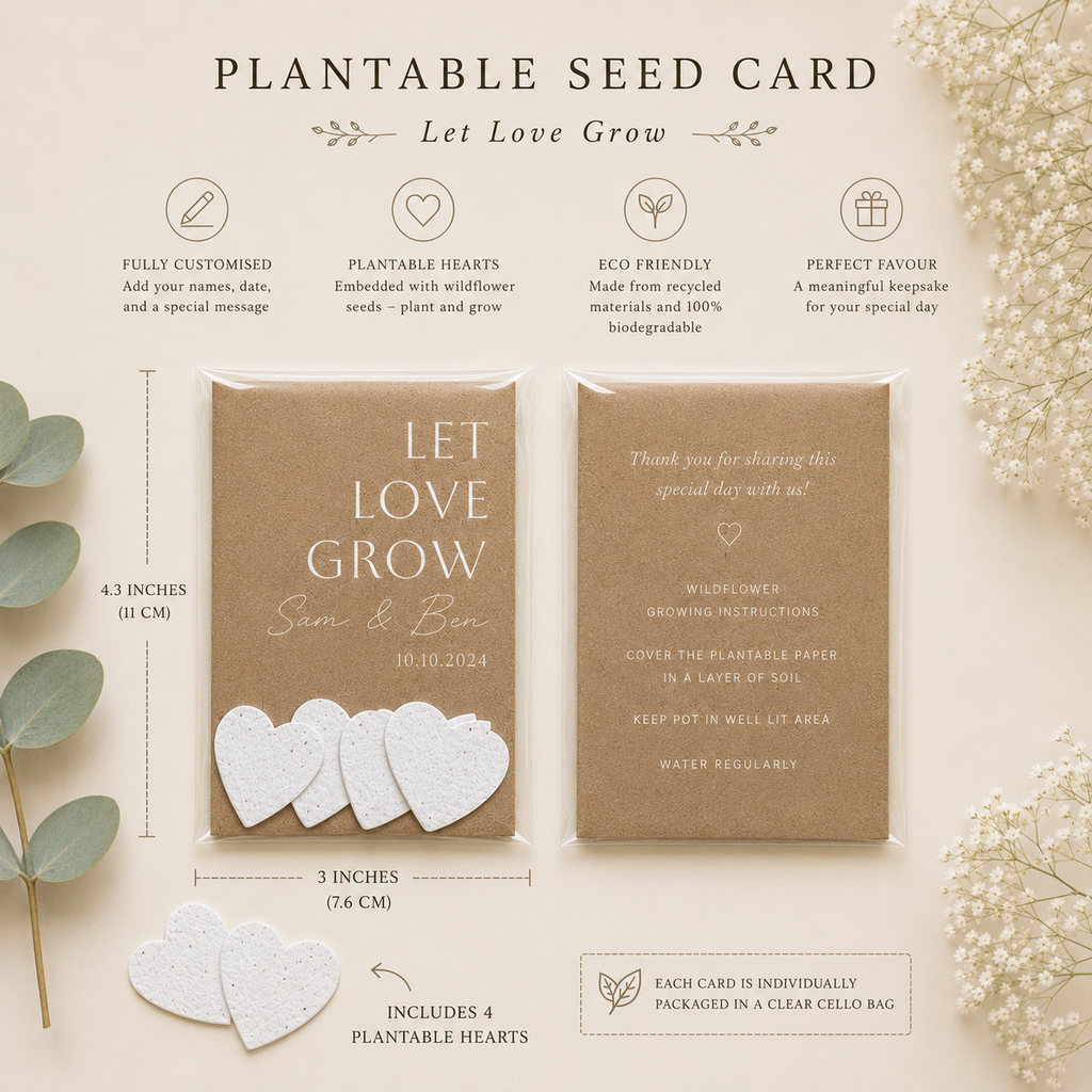 Plantable wildflower seed paper heart size guide showing handmade eco friendly favour details