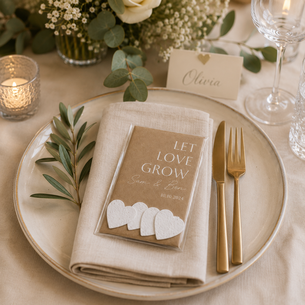 Eco friendly plantable seed paper wedding favour displayed on elegant table place setting