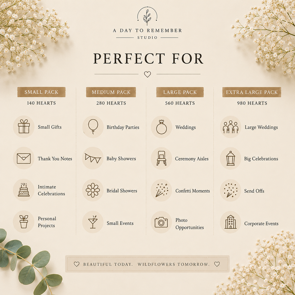 Plantable seed paper heart confetti pack size guide showing small, medium, large and extra large packs for weddings, baby showers, events and eco friendly celebrations