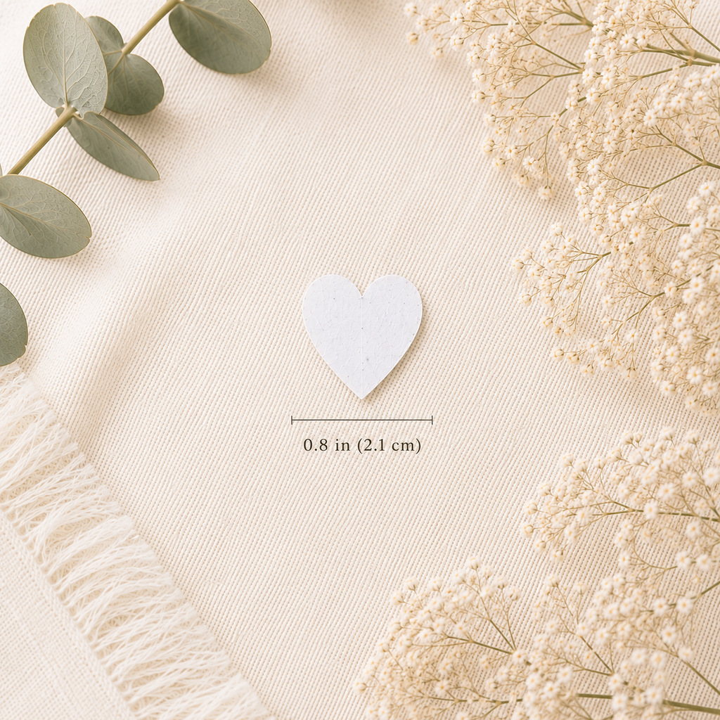 Size guide showing small plantable seed paper hearts handmade with wildflower seeds for baby shower favours, wedding gifts and eco-friendly events.