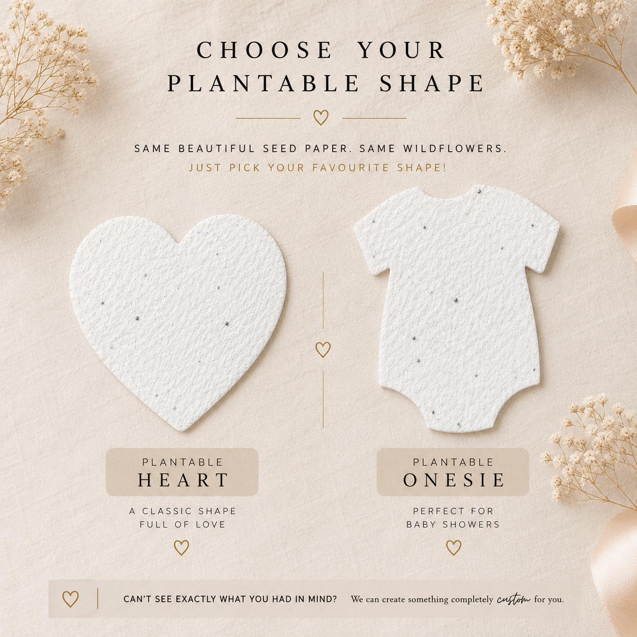 Choose from plantable seed paper onesies or hearts handmade with wildflower seeds for unique baby shower favours.