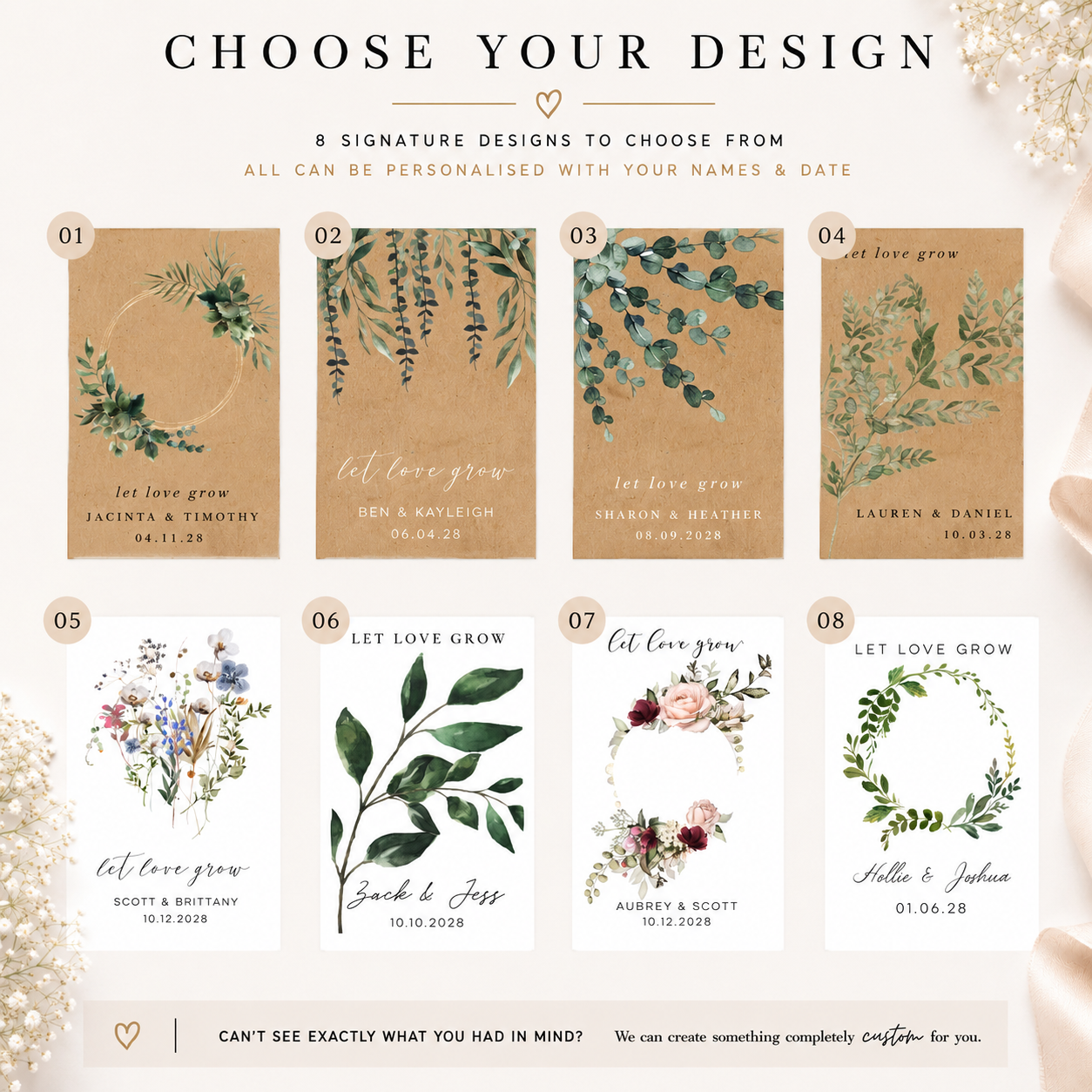 Customisable plantable seed paper wedding favour designs with botanical and floral card options