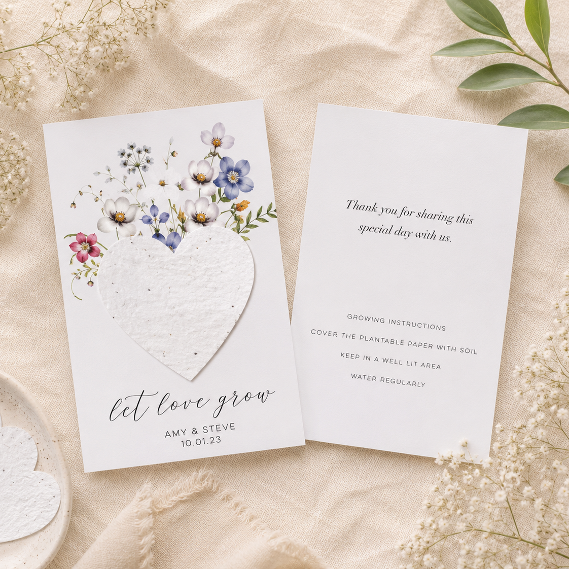 Personalised plantable wedding favour showing custom message and wildflower seed paper planting instructions