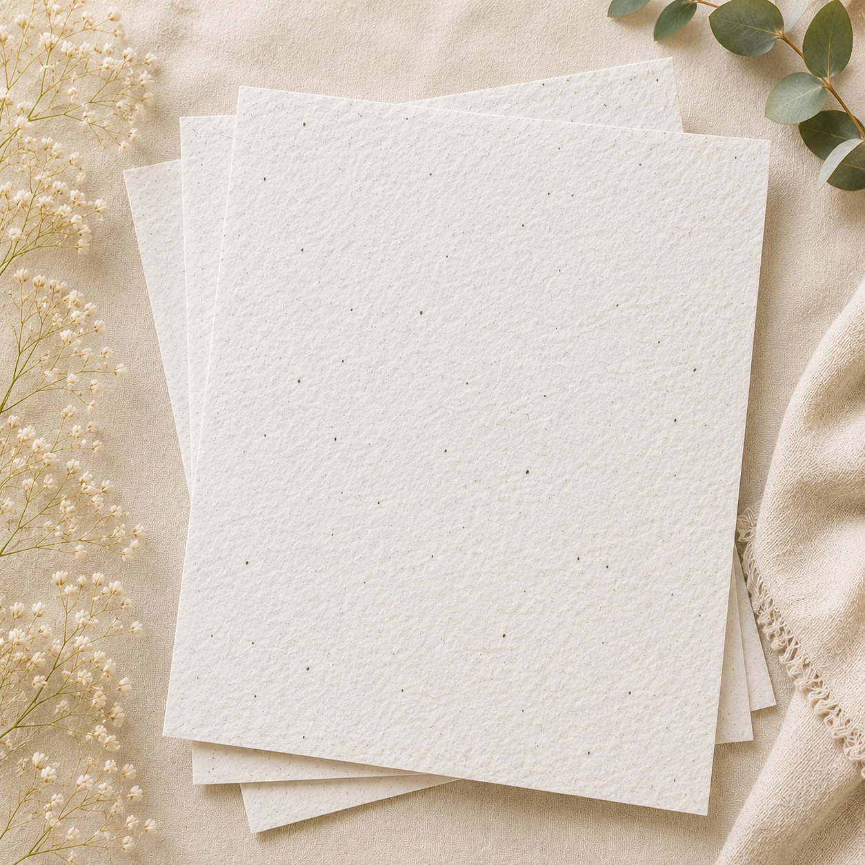 White plantable seed paper sheets handmade with wildflower seeds, perfect for eco-friendly wedding stationery, invitations and creative projects.