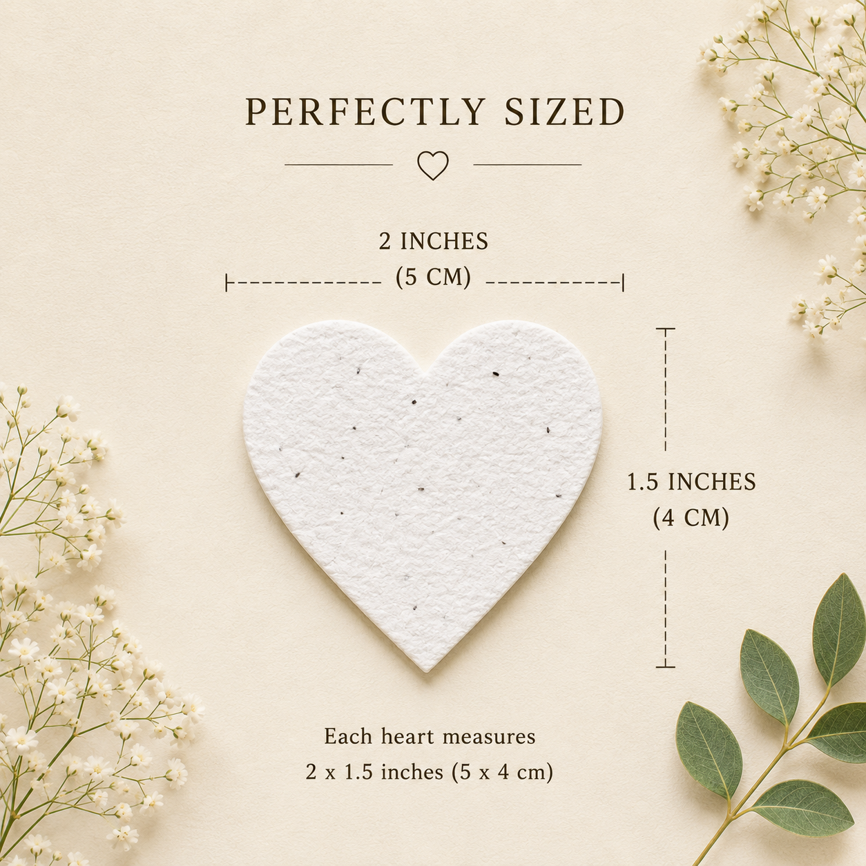 Plantable seed paper heart size guide for handmade paper shapes