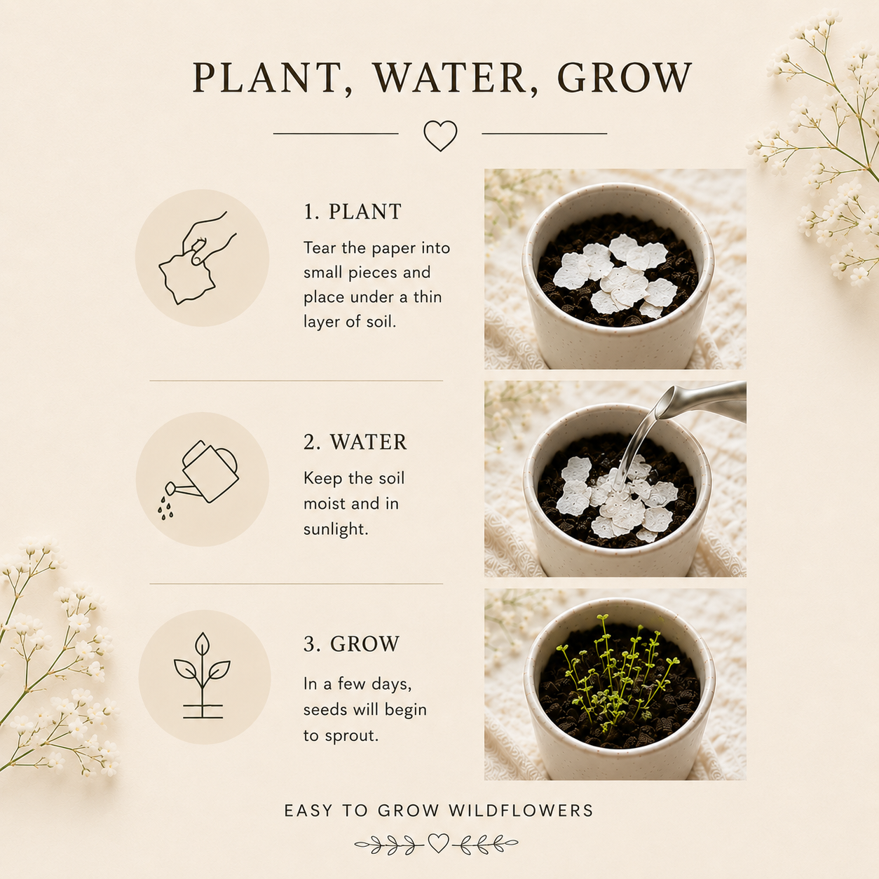 Instructions showing how to plant seed paper after using calendar