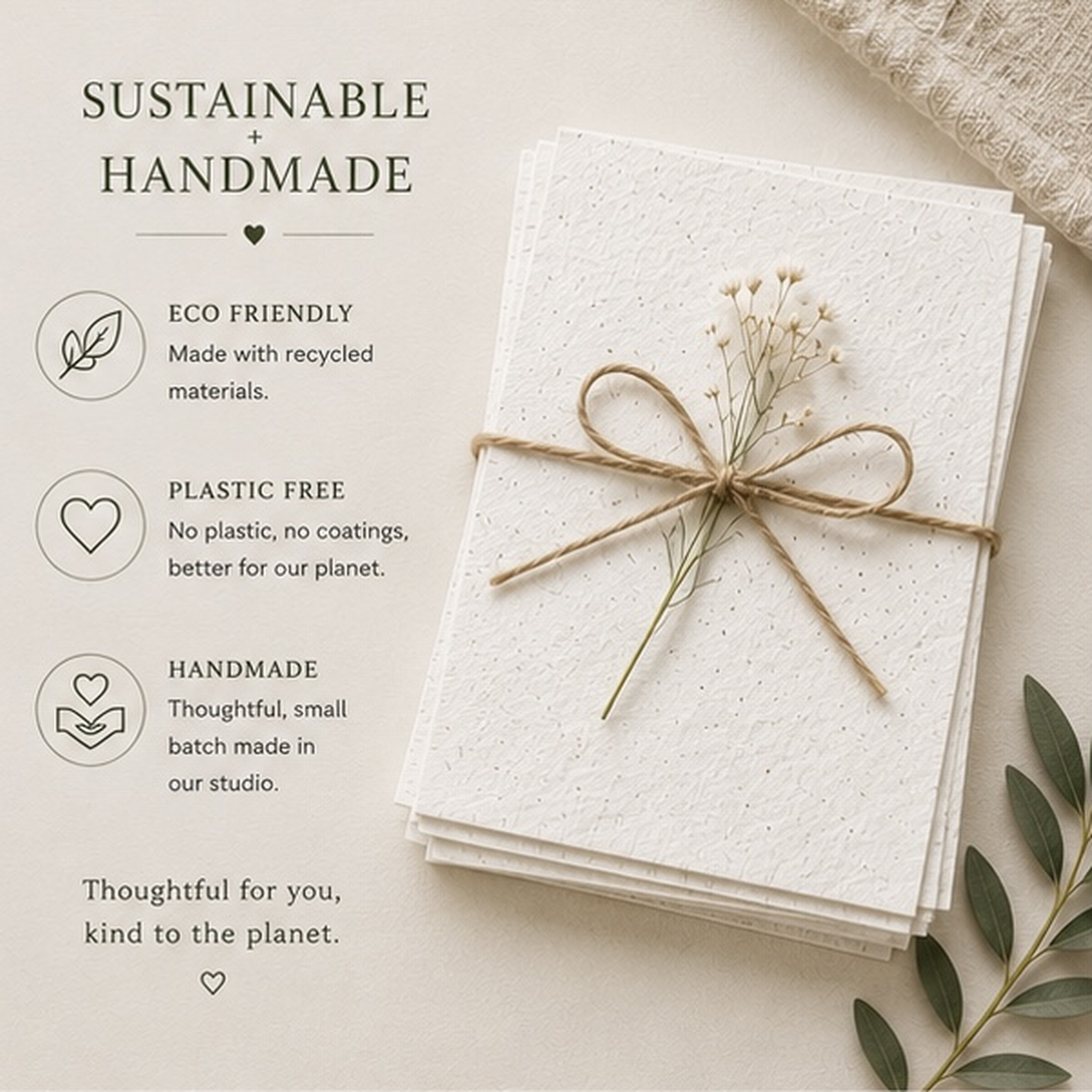 Handmade white wildflower seed paper sheets shown in various sizes, designed for eco-friendly stationery, events and creative projects.