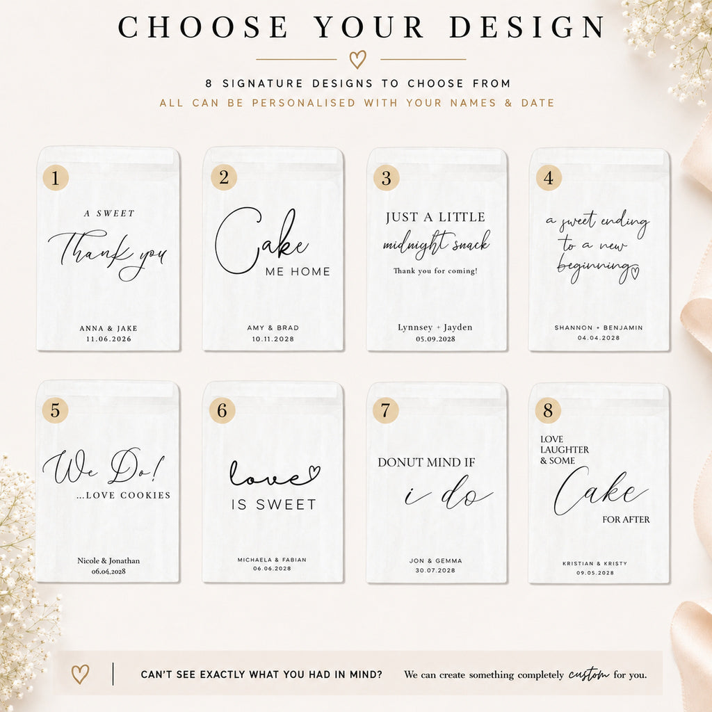 Collection of wedding cake topper designs with customizable text on a white background.
