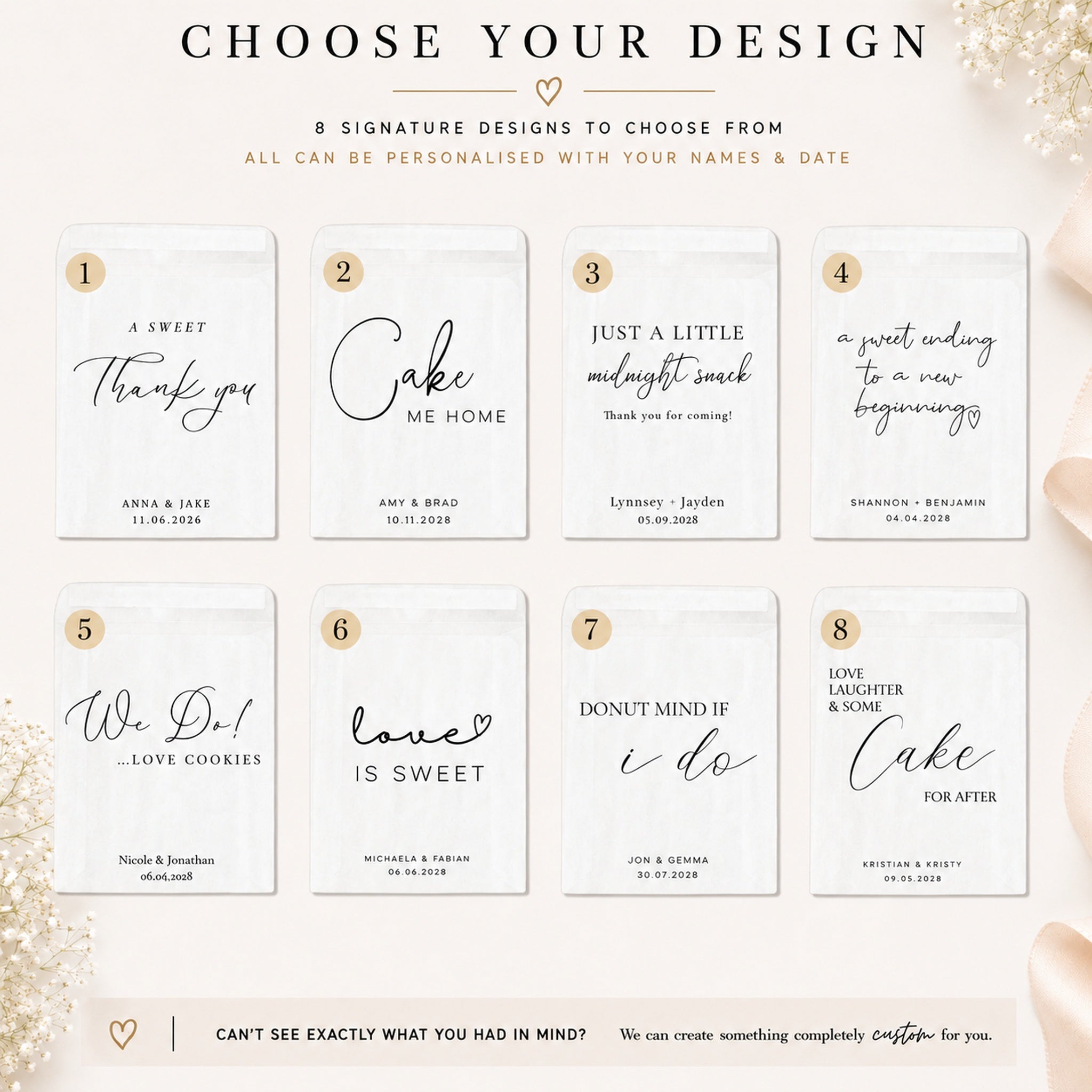 Collection of wedding cake topper designs with customizable text on a white background.