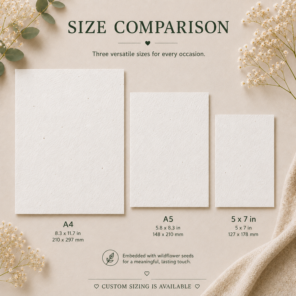 Size comparison of handmade white wildflower seed paper sheets, available in multiple sizes for sustainable stationery, wedding designs and creative projects.