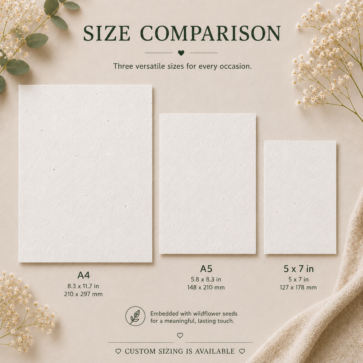 Size comparison of handmade white wildflower seed paper sheets, available in multiple sizes for sustainable stationery, wedding designs and creative projects.