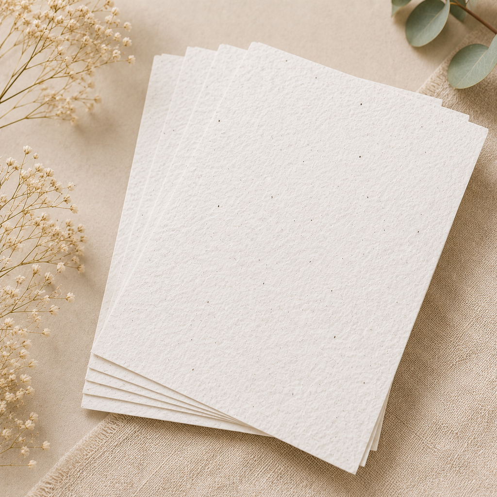 Close-up of handmade white seed paper showing natural texture and embedded wildflower seeds in recycled plantable paper.