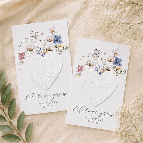 Custom plantable seed heart wedding favour card made with eco friendly wildflower seed paper