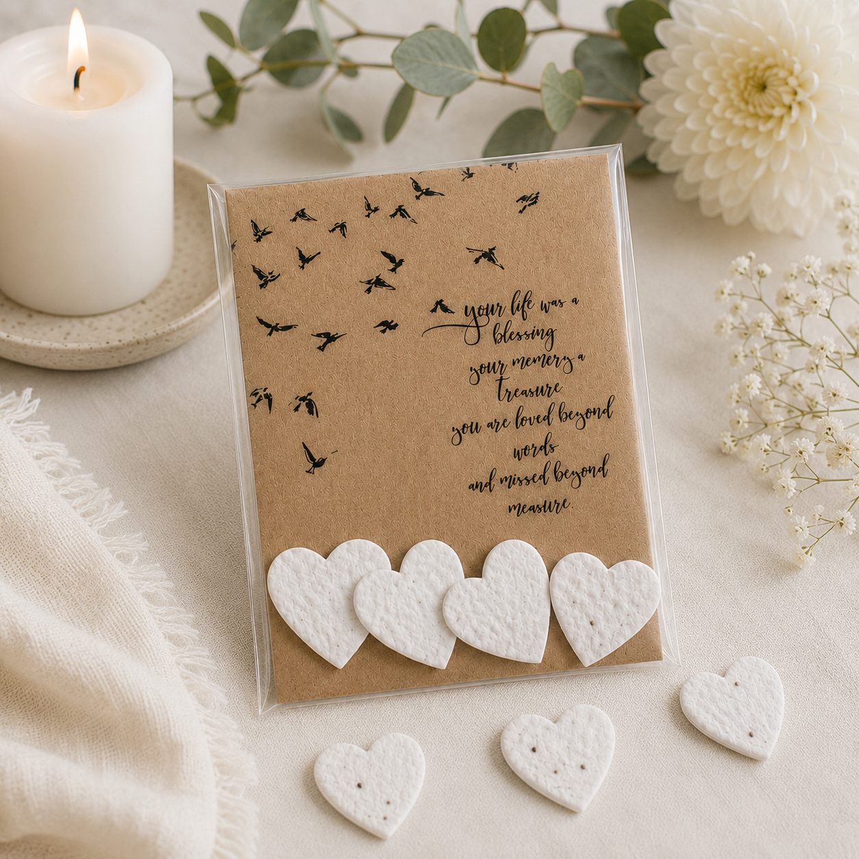 Plantable memorial seed paper heart favours with personalised remembrance card and wildflower hearts for celebration of life keepsakes