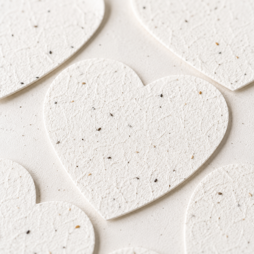 Close-up of handmade plantable seed paper hearts showing natural texture and embedded wildflower seeds in recycled paper.