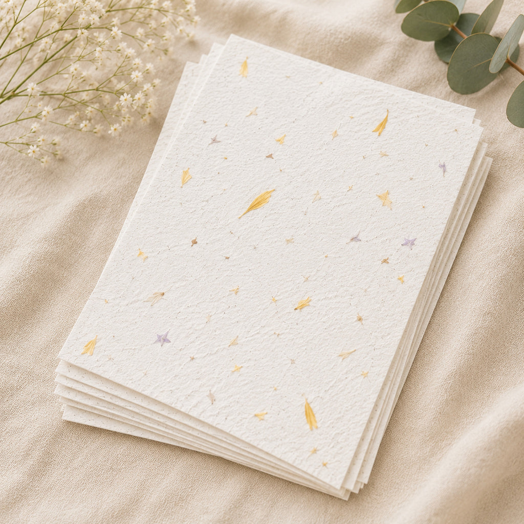 Handmade botanical seed paper sheets with natural yellow petals