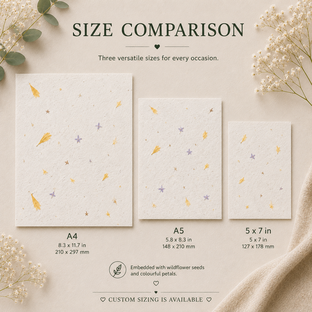 Plantable paper sheets available in A4 A5 and 5x7 inch sizes