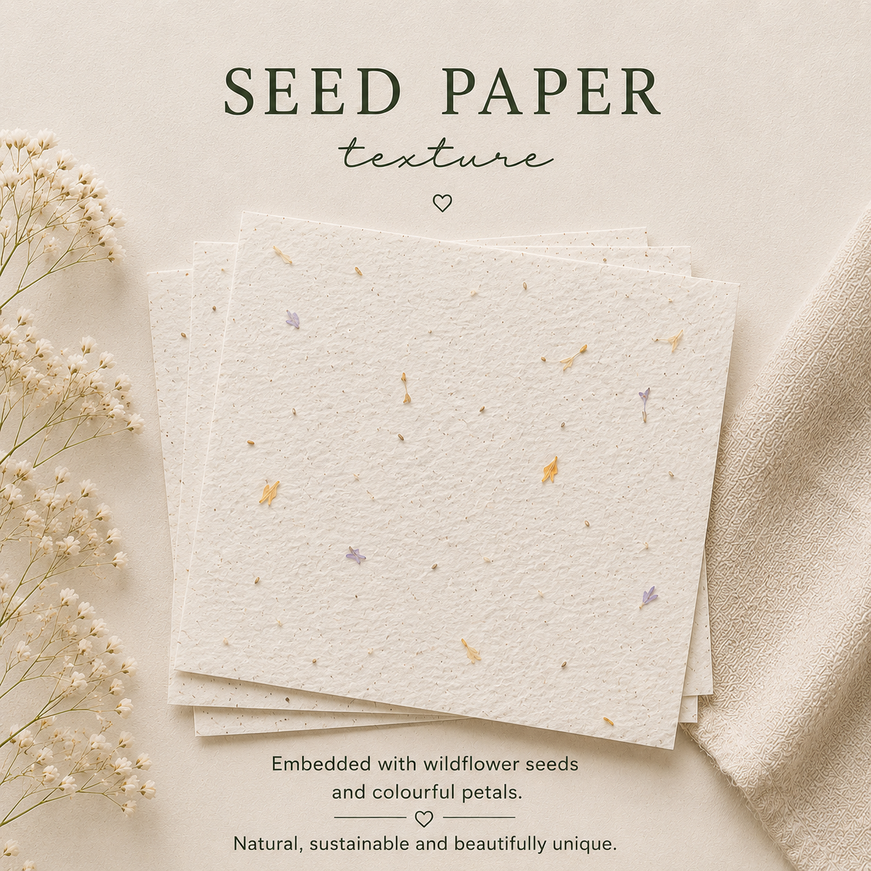 Recycled seed paper texture with embedded flower petals and seeds